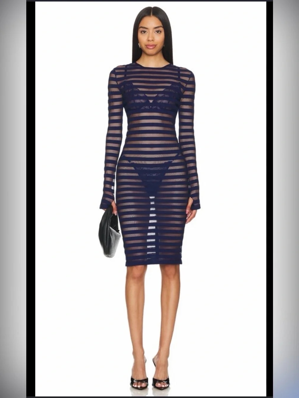 NWT Norma Kamali Sheer Stripe Crewneck Midi Dress Navy M